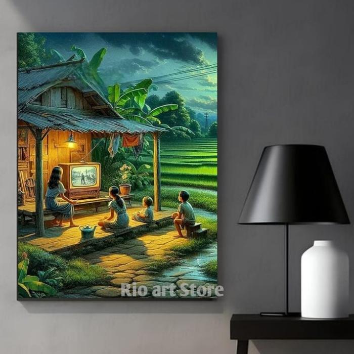 Gambar Hiasan dinding poster lukisan ai pemandangan sore hari desa tepi sawah untuk walldecor atau dekorasi dinding - Desa.s1a, 20X30CM dari Rio Art Store undefined Tokopedia