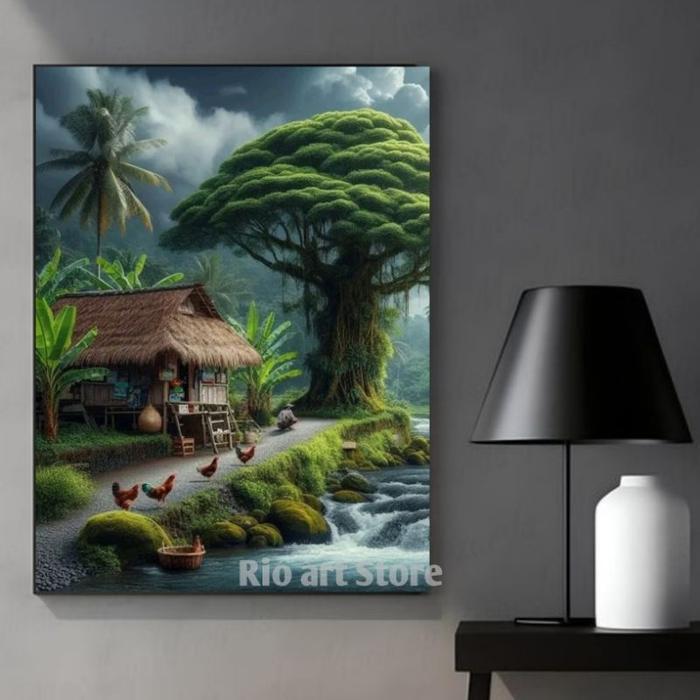 Gambar Hiasan dinding poster lukisan ai pemandangan sore hari desa tepi sungai untuk walldecor atau dekorasi dinding - Desa.t, 20X30CM dari Rio Art Store undefined Tokopedia