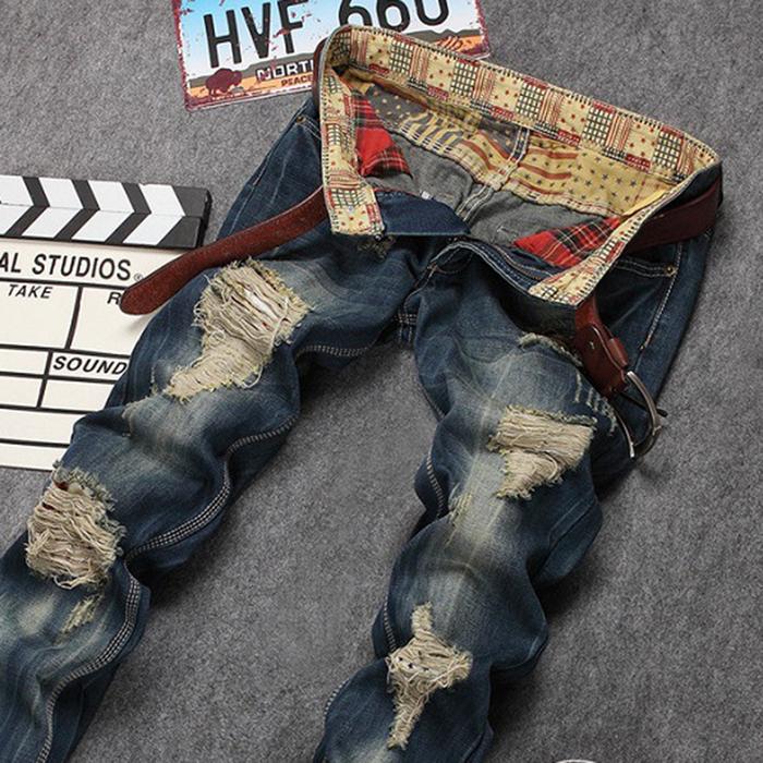 Jual New Men Ripped Denim Trousers Fashion Casual Jeans Straight