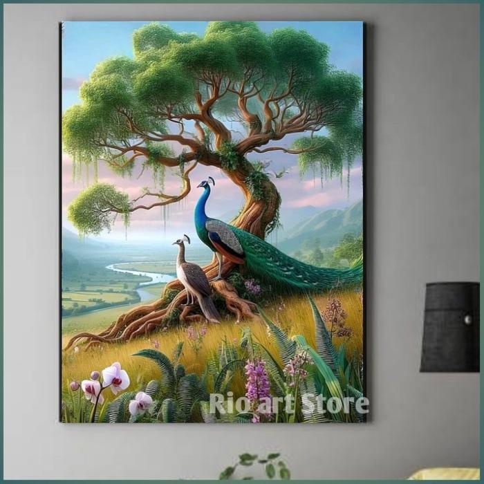 Gambar Hiasan dinding poster lukisan ai pemandangan alam dan seekor burung merak untuk walldekor atau dekorasi dinding - P.merak.1, 20X30 CM dari Rio Art Store undefined Tokopedia