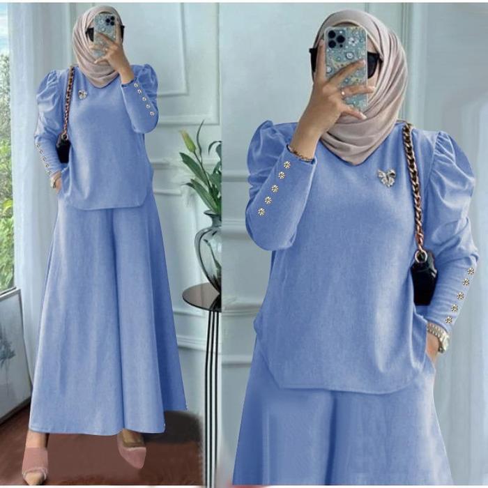 Gambar baju setelan muslim celana panjang dan celana kulot panjang model kekinian terbaru model polos Setelan Fashion - Biru, XL dari Versionatic undefined Tokopedia