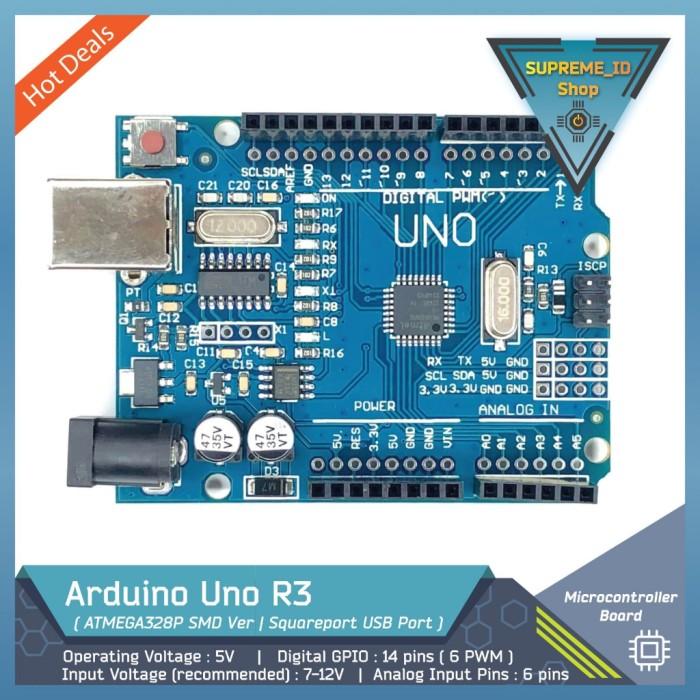 Gambar Arduino Uno R3 ATmega328p SMD ver 8-bit Arduino Microcontroller Development Dev Board Pin Header | Micro USB | Squareport USB (Type-B) | USB Type-C - Squareport (Type-B) dari Supreme ID undefined Tokopedia