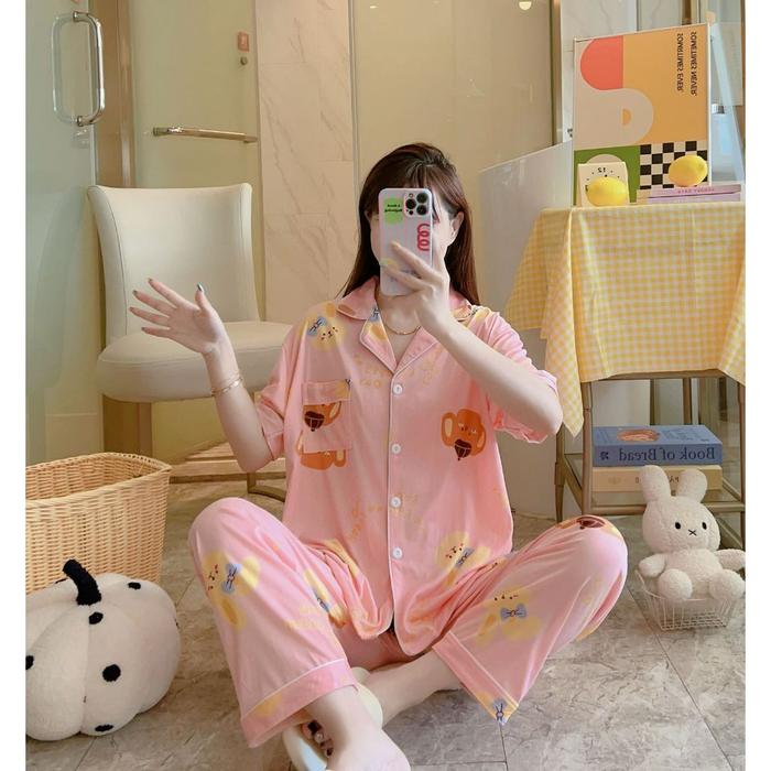 Gambar Baju Tidur Wanita Set Dewasa Bahan Katun Adem Lengan Pendek Celana Panjang Piyama Setelan Perempuan Remaja Oversize Pakaian Tidur New Motif Kartun Lucu Baru - 003, XXL dari MyAurora88 undefined Tokopedia