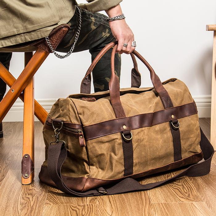 Jual WaterProof Waxed Canvas Leather Men Travel Bag Hand Luggage