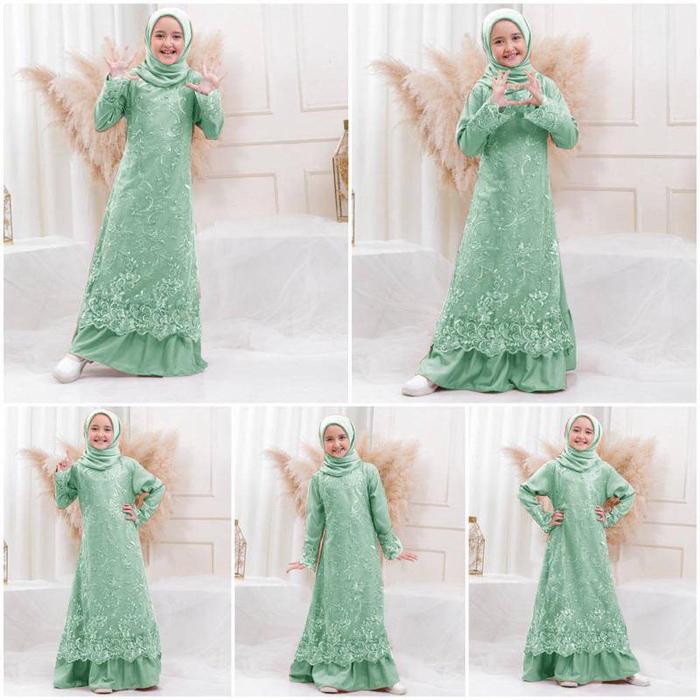 Gambar busana muslim anak perempuan bahan premium adem model terbaru maxi kid awza karin bestseller harga bersahabat - Sage green, S(3-4THN) dari Versionatic undefined Tokopedia