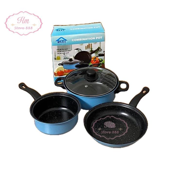 Gambar Panci Set Isi 3Pcs Wajan Teflon Stainless Steel Cookware Set Free - Blue dari deryilham947 undefined Tokopedia