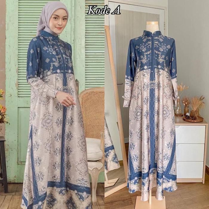 Gambar PAKAIAN WANITA DRESS GAMIS AURORA ARMANY SILK LEBARAN TERBARU PREMIUM - AURORA A NAVY, Allsize dari ponokawanbatik undefined Tokopedia