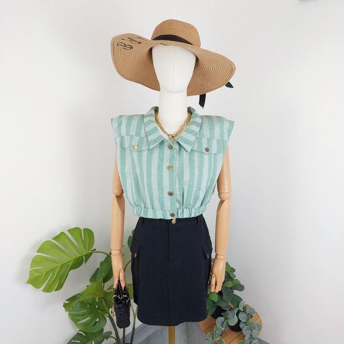 Gambar ATASAN CROP LIST BRAND HELLO 50190 FASHION WANITA IMPORT BANGKOK - GREEN dari bebellaid undefined Tokopedia