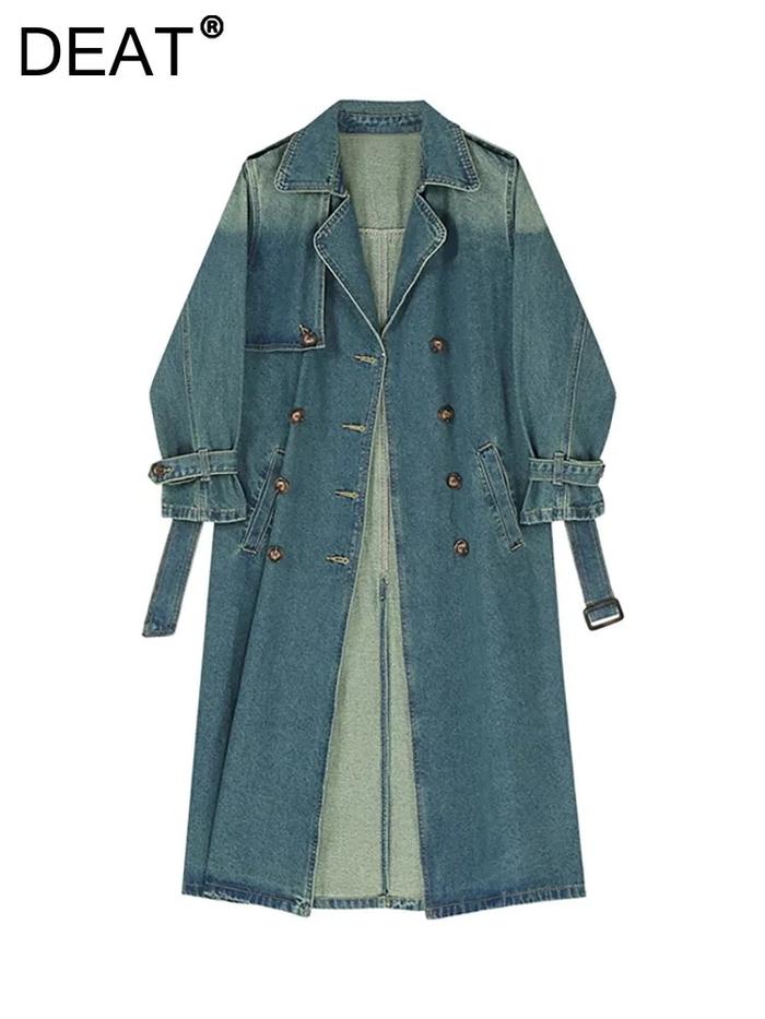 Deat Womens Denim Trench Coat Patchwork Double Breasted Split Full