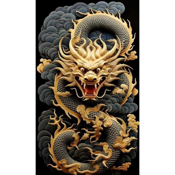 Jual Hiasan Dinding Lukisan Cetak Naga Emas Hitam Plus Bingkai