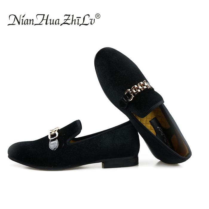Jual New fashion velvet men shoes with gold chain buckle men's