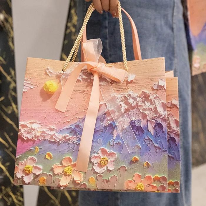Jual 1PC Colorful Printed Flower Paper Bags Ice Cream Handbag - Main Image