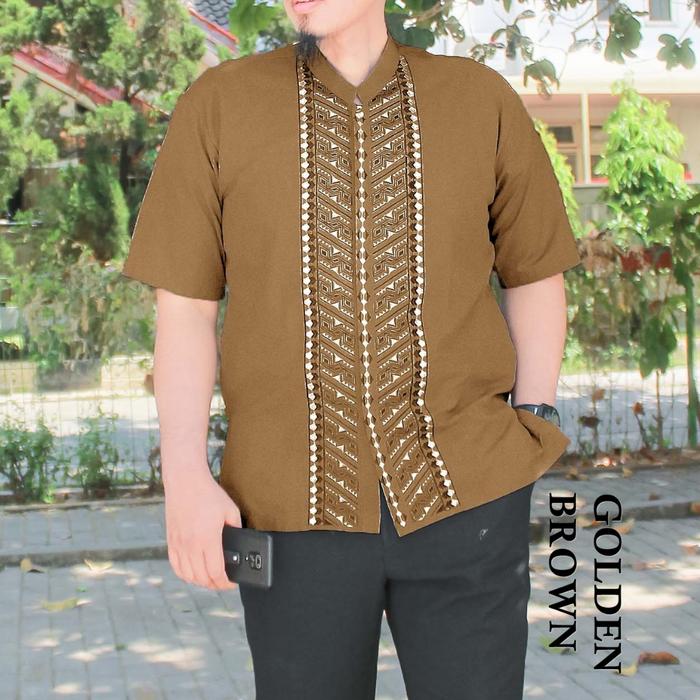Gambar Baju Koko Pria Dewasa Lengan PENDEK bahan katun bordir Muslim Jumbo - Golden Brown, XXL = 123 cm dari Bharatabatik99 undefined Tokopedia