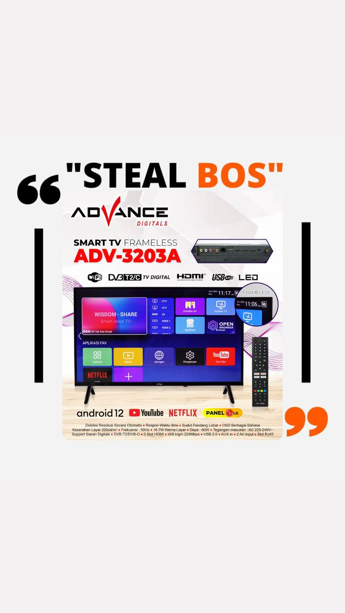 Gambar advance led 32 inch HD smart tv android 12 framless design ADV-3203A - TV+BREKET dari Stealbos undefined Tokopedia