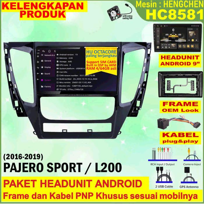 Gambar Paket Headunit Android 9 inch + Frame + Soket PNP Mitsubishi Pajero Sport 2016 Hengchen UIS8581A RAM 4GB-ROM 64GB-IPS QLED-4G LTE-DSP AK7604VQ-FAN-Android Auto-Carplay-Split Screen-Kamera 360 3D-Double Din Head Unit Android Octacore terjangkau - Tanpa Kamera, Paket HU 360 3D dari Sanjo Auto Store undefined Tokopedia