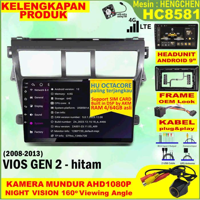 Gambar Paket Headunit Android 9 inch + Frame + Soket PNP Toyota Vios Gen 2 - Hitam Hengchen UIS8581A RAM 4GB-ROM 64GB-IPS QLED-4G LTE-DSP AK7604VQ-FAN-Android Auto-Carplay-Split Screen-Kamera 360 3D-Double Din Head Unit Android Octacore terjangkau - +Rear AHD 1080P, Paket HU 360 3D dari Sanjo Auto Store undefined Tokopedia