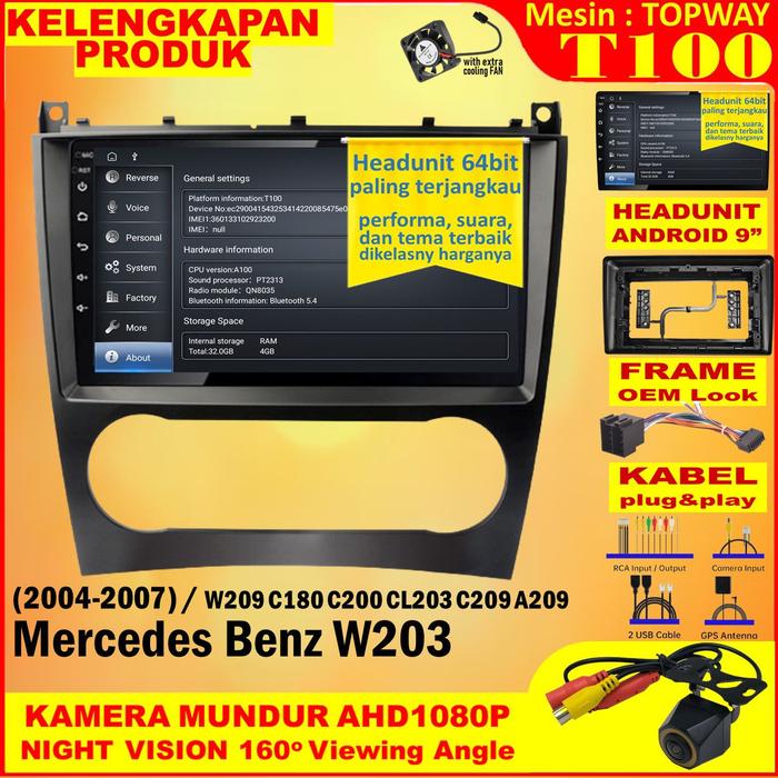 Gambar Paket Headunit Android 9 inch + Frame + PNP Canbus Mercedes Benz W203 Topway T100 RAM 4GB-ROM 32GB-IPS QLED-FAN-Android Auto-Carplay-Split Screen-AHD 1080P-Double Din Head Unit Android 64 bit termurah anti lemot - +Rear AHD 1080P, Paket Lengkap dari Sanjo Auto Store undefined Tokopedia
