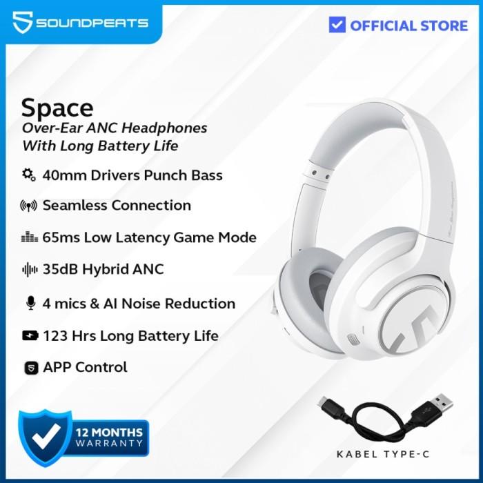 Gambar SoundPEATS Space Hybrid ANC Wireless Over-Ear Headphone - White dari HKL Retail Official undefined Tokopedia