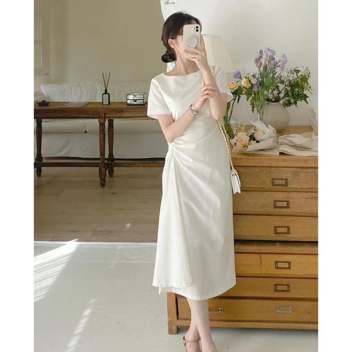 Gambar Dress Simple Basic Casual Dinner Korean Chic Minimalis - White dari pratamaJAYAMART undefined Tokopedia
