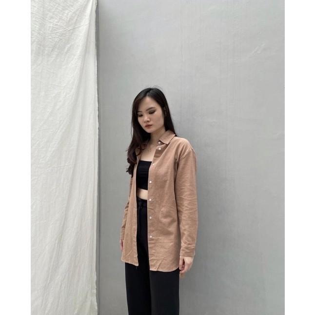 Gambar Kemeja Oversize Linen Wanita Shirt Atasan Lengan Panjang Premium 990 - Caramel dari twickystore undefined Tokopedia