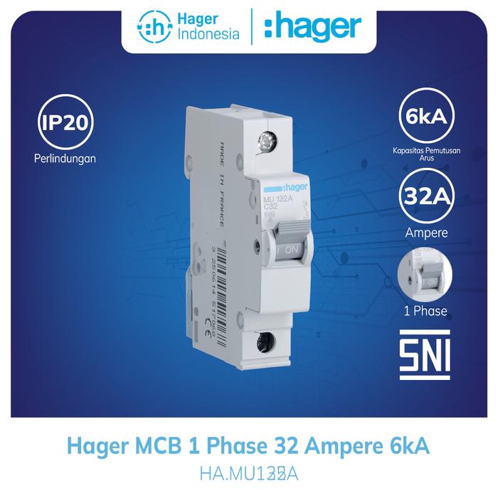Gambar MCB 1 Phase 32a 32 Ampere 1P 1 Pole 6kA MCB Hager  MU132A dari Hager Indonesia undefined Tokopedia