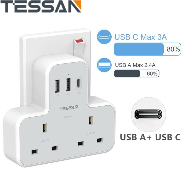 Gambar Import TESSAN USB Charger Extension Plug Multi Adapter Extension Extension Lead 3 Pin Strip With USB, Multi Plug UK With 10 AC Outlets And 4 USB Ports Adapter Home, Office, Kitchen, PC, dari Crystal Coves undefined Tokopedia