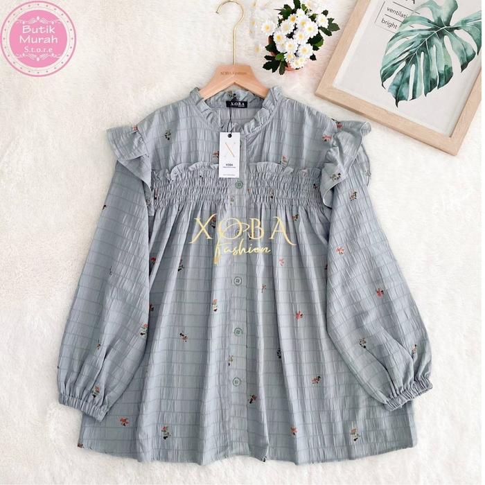 Gambar Xoba Fashion 3337 Blus Wanita LD 110 CM Bonita Mini Rose Kerut Dada T166 Good Vibes - DENIM dari XOBA FASHION undefined Tokopedia