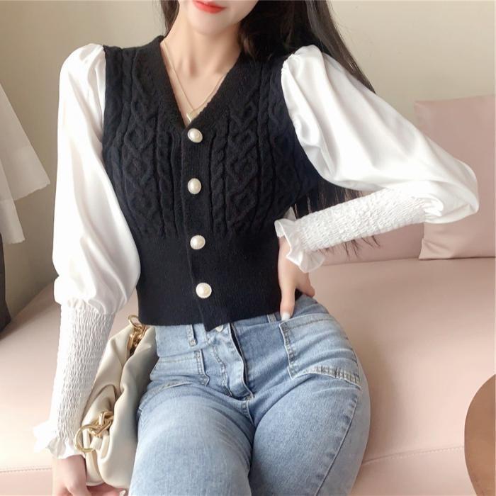 Gambar Korean Knit Blouse Atasan Rajut Lengan Balon BL898 Fashion Wanita - Hitam dari PinKio undefined Tokopedia