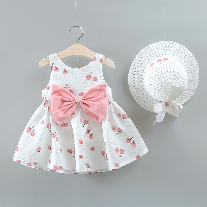 Gambar Girls Dress 2023 Spot Summer Children's Clothing New Cute Cherry Printing Bowknot Vest Skirt Suitable For 9 Months To 3 Years Old To Send The Same Hat dari Afera undefined Tokopedia