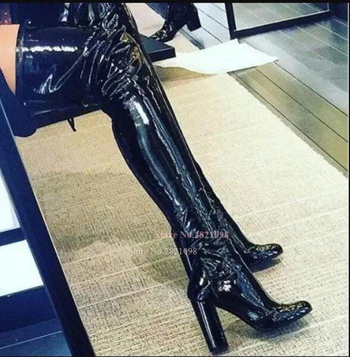 Jual Winter High Boots Patent Stretch Leather Over The Knee High