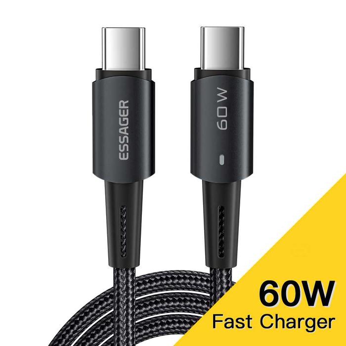 Gambar Kabel Data Type C to Type C Fast Charging LED Braided 60W ESSAGER Original Pengisian Transfer Data Cepat 480 MB/s untuk Smartphone iPhone Tablet Laptop Macbook Komputer PC  Kuat Awet Tahan Lama Multifungsi Universal - 50cm, Hitam dari Ghani Gadget Store undefined Tokopedia