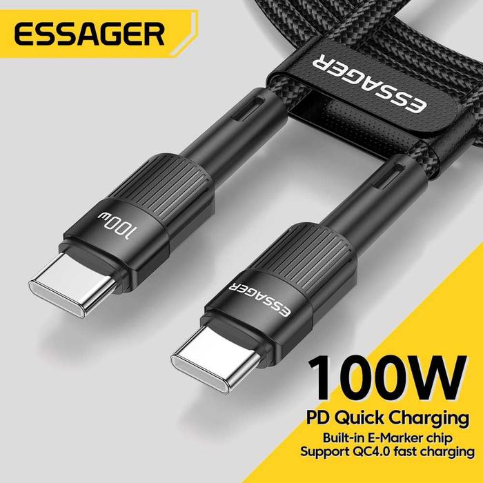 Gambar Kabel Data Type C to Type C Quick Charging Braided 5A 100W ESSAGER Original Pengisian Transfer Data Cepat 480 MB/s untuk Smartphone iPhone Tablet Laptop Macbook Komputer PC  Kuat Awet Tahan Lama Multifungsi Universal - 2M, Hitam dari Ghani Gadget Store undefined Tokopedia