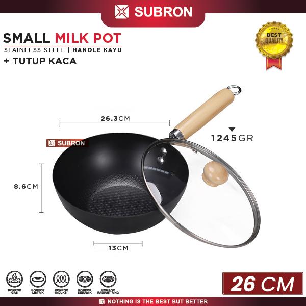Gambar SUBRON Small Milk Pot Anti Lengket 24CM 26CM 28CM Stainless Tutup Kaca Handle Kayu - 26CM+TUTUP dari SUBRON KITCHENWARE undefined Tokopedia