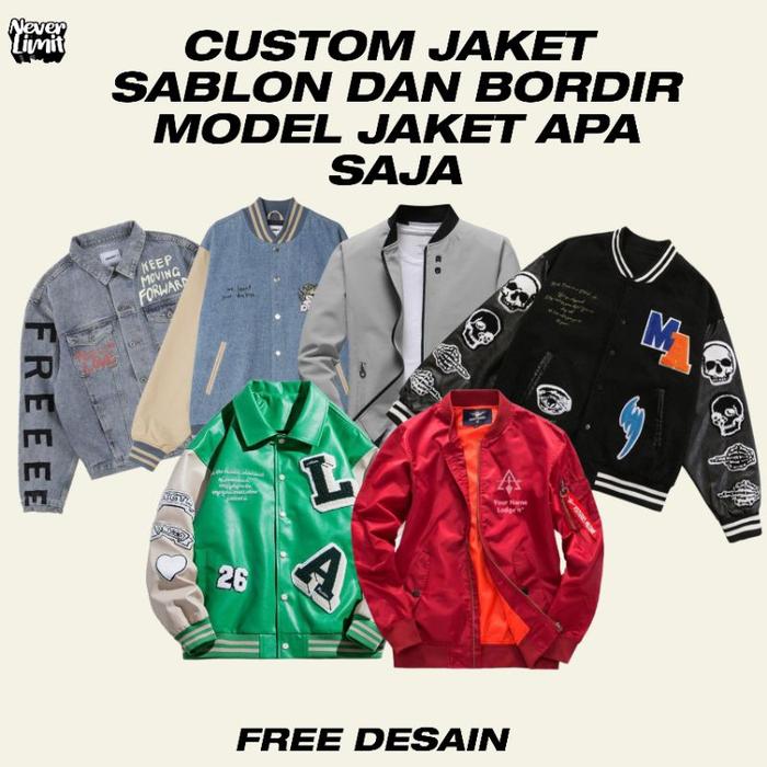 Gambar Custom sablon dan bordir Jaket varsity warna bebas atau denim high Quality Neverlimit - WARNA JAKET, XXL dari Neverlimitclothing undefined Tokopedia