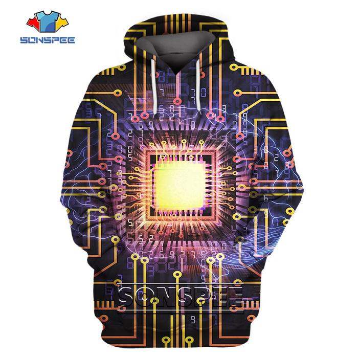 Gambar SONSPEE 3D Printed CPU Processor Pattern Hoodie Men Women Circuit Board Diagram Clothing Harajuku Graphic CPU Long Sleeve Tops dari Fnesso undefined Tokopedia