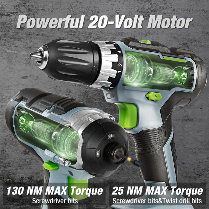 Gambar (IMPORT) WORKPRO 21PC 20V Li-ion Cordless Compact Drill Driver Set and Impact Screwdriver Set with 2 Fast Charging Batteries Power Tool dari Onlinestored id undefined Tokopedia