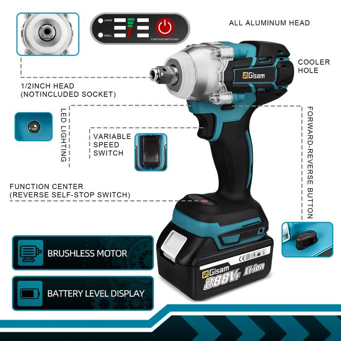 Gambar (IMPORT) 520N.M Brushless Electric Impact Wrench Cordless Electric Wrench 1/2 inch Screwdriver Socket Power Tools for Makita 18V Battery dari Onlinestored id undefined Tokopedia