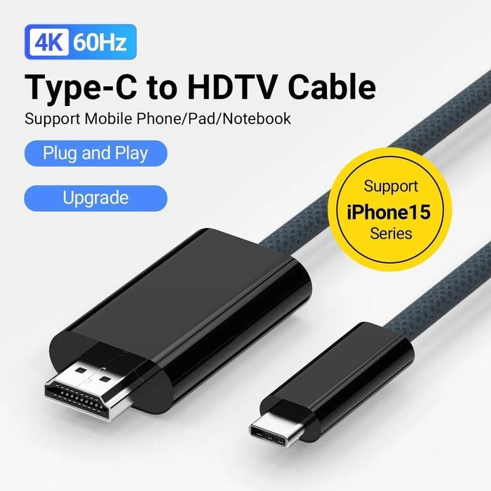 Gambar Kabel USB Type C To HDMI 4K 60Hz Cable Nylon Woven 1.8M for iPhone 15 Series/MacBook Pro/Air, iPad ,Galaxy S24 Series, Surface - Black 4K@60Hz dari AinWare undefined Tokopedia