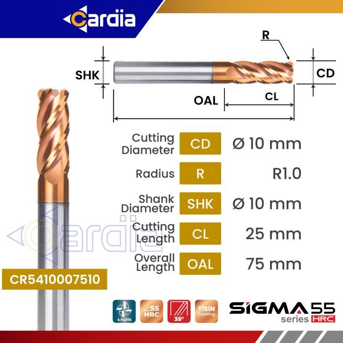 Gambar Corner Radius End Mill 55 HRC 3|4|6|8|10|12 4 Flute CARDIA - 10(R1)x25 dari Cardia Tools undefined Tokopedia
