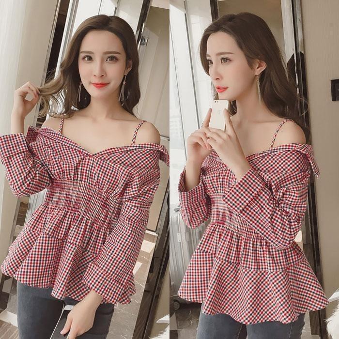 Gambar Atasan Wanita Kotak Kotak Leher V Fashion Import 51410 - Red dari Ai Lingerie undefined Tokopedia