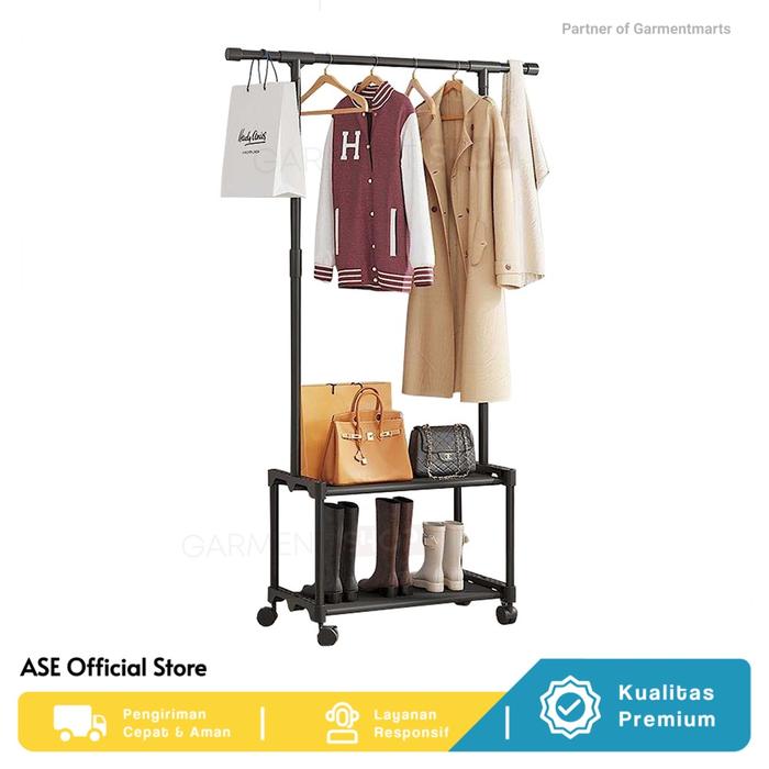 Gambar Stand Hanger Rak Gantungan Baju Tas Berdiri Rak Sepatu 3 Susun Jemuran Roda Besi Stainless Always Smile Everyday - 2 SUSUN, Hitam dari Always Smile Everyday undefined Tokopedia