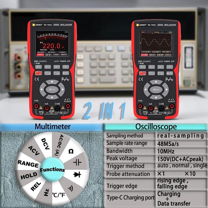 Gambar XEAST Portable Oscilloscope XE-702S XE-703S Digital Oscilloscope, Multimeter & Signal Generator Avometer Multitester High Precision, 48M/S 10MHZ 50MHz Bandwidth, 280MS Real-Time Sampling, PC Waveform Storage - XE-702S 2 IN 1 dari SerbaAdaTech undefined Tokopedia
