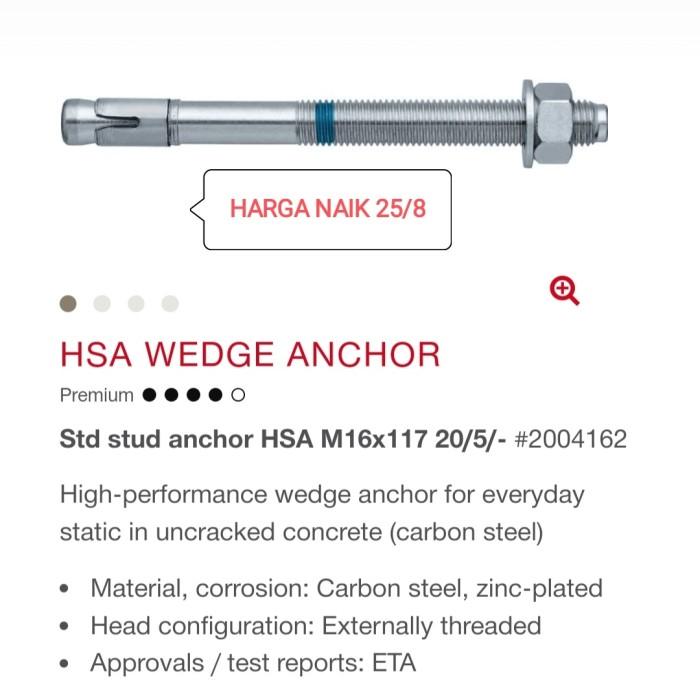 Gambar DK4 HILTI DYNABOLT DINABOLT WEDGE ANCHOR TRUBOLT HSA M16 X 117MM dari sella_olshop undefined Tokopedia