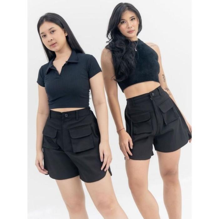 Gambar Celana Pendek Wanita - Hotpants Twill Pokka - Celana Pendek Cargo Highwaist Wanita - POKKA - HITAM dari OKEGAN JEANS undefined Tokopedia