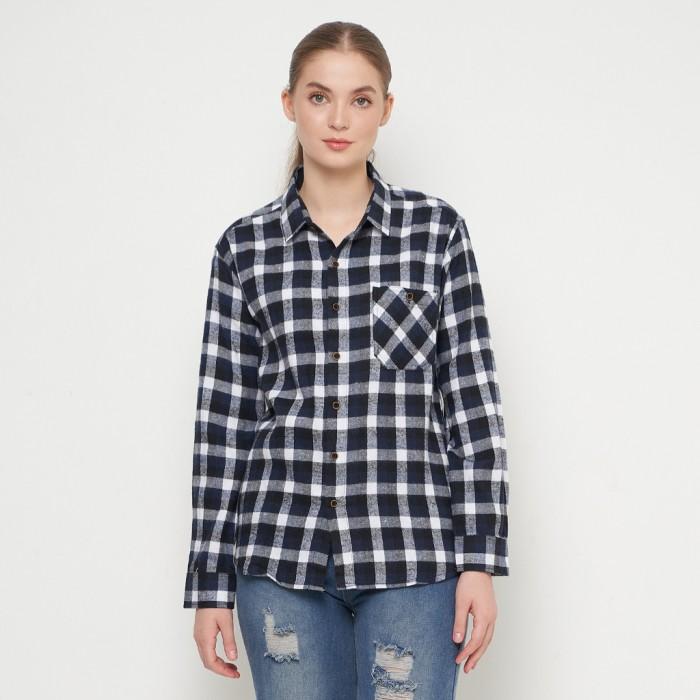 Gambar Kemeja Flanel Wanita Lengan Panjang Warna Hitam Navy OLR142 - M dari Dancus undefined Tokopedia