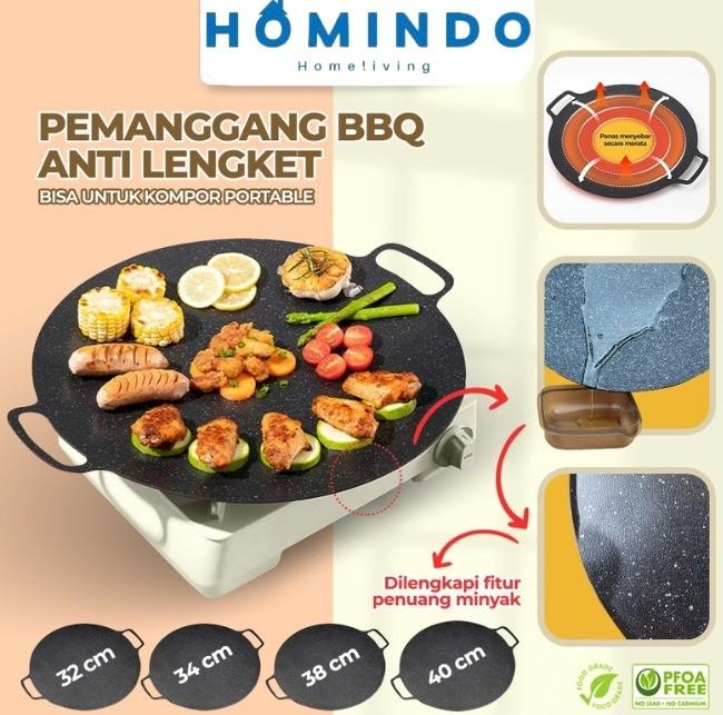 Gambar HOMINDO Alat Panggangan BBQ Grill Pan Korean Wajan Bulat Anti Lengket Serbaguna - 34 CM dari Homindo Official undefined Tokopedia