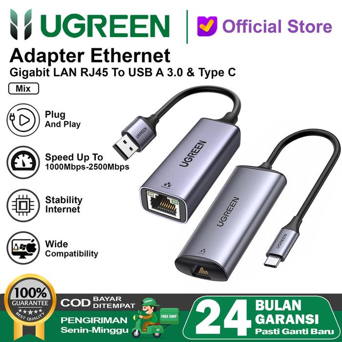 Gambar UGREEN ADAPTER USB 3.0 & Type-C To LAN Gigabit Ethernet Up To 2500mbps - 15633 TYPE-C dari GGSTORESBY undefined Tokopedia