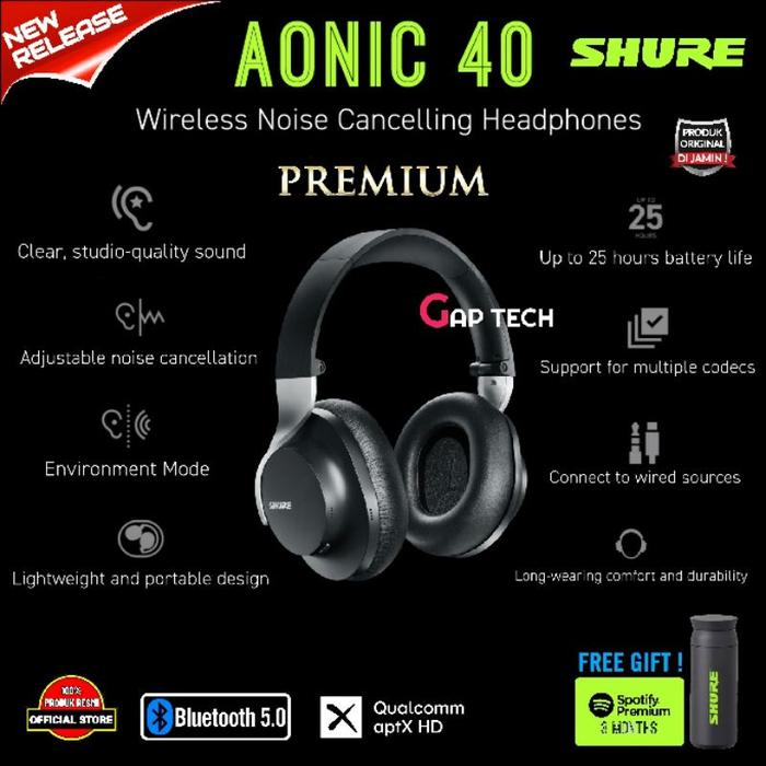 Gambar Shure Aonic 40 / Aonic40 Wireless Noise Cancelling Headphones With Studio-Quality Sound Original - Gratis Ongkir - Hitam dari Vocal Center undefined Tokopedia
