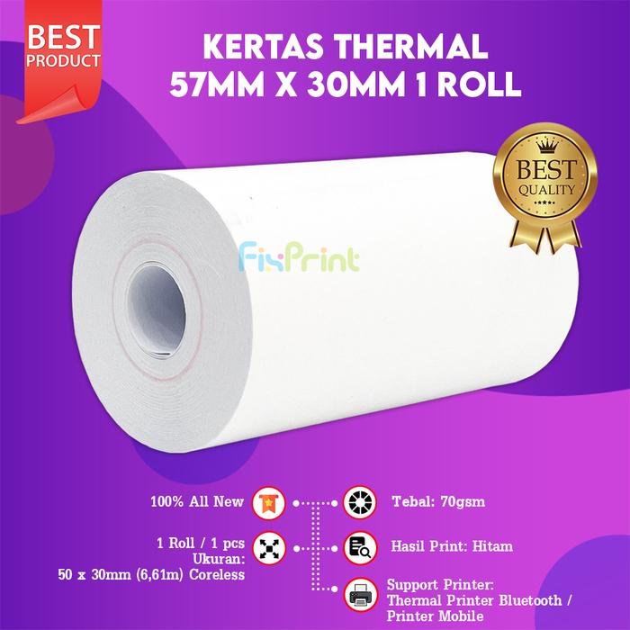 Gambar Kertas Thermal 57 mm x 30 mm untuk Printer 58 mm Struk Kasir Coreless - 1 ROLL dari FixPrint Indonesia undefined Tokopedia