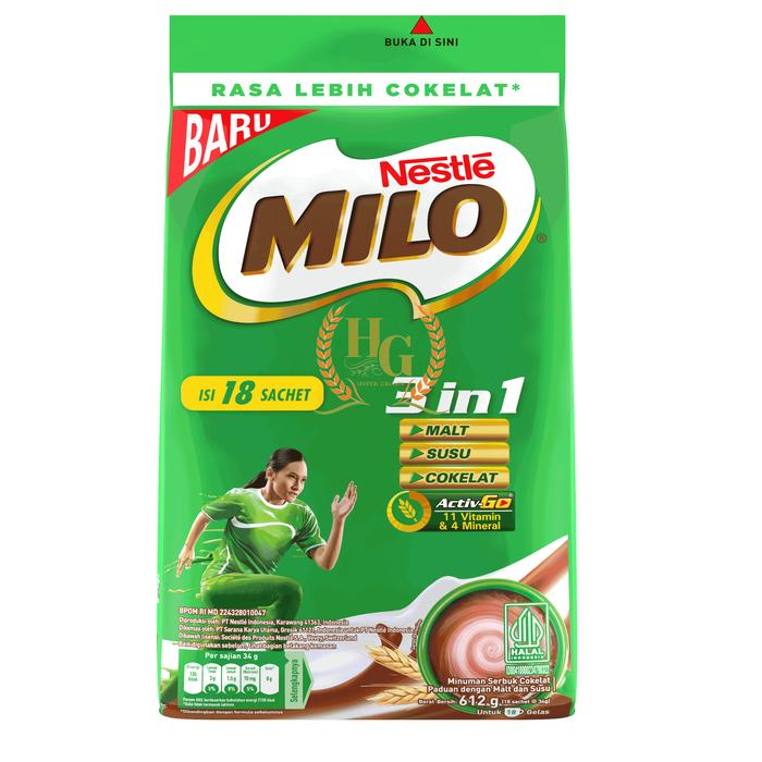 Gambar MILO 3 in 1 Active Go Polybag isi 18 sachet - Milo Activ Go 3in1 Minuman Serbuk Cokelat Malt Susu Coklat Milo 612g dari Hyper Grosir undefined Tokopedia